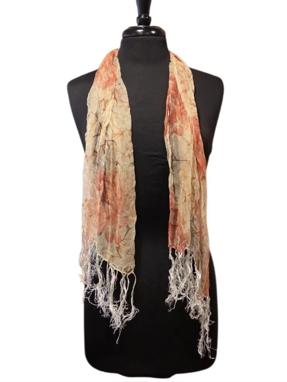 Vintage 70s Delicate Fringe Hippie Orange and Cream Lightweight Crinkle Scarf